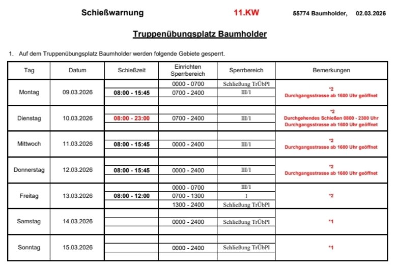 Tabelle Schießwarnung Truppenübungsplatz Baumholder 11.KW 2026