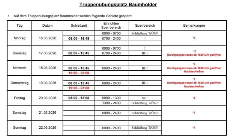 Tabelle Schießwarnung Truppenübungsplatz Baumholder 12. KW 2026