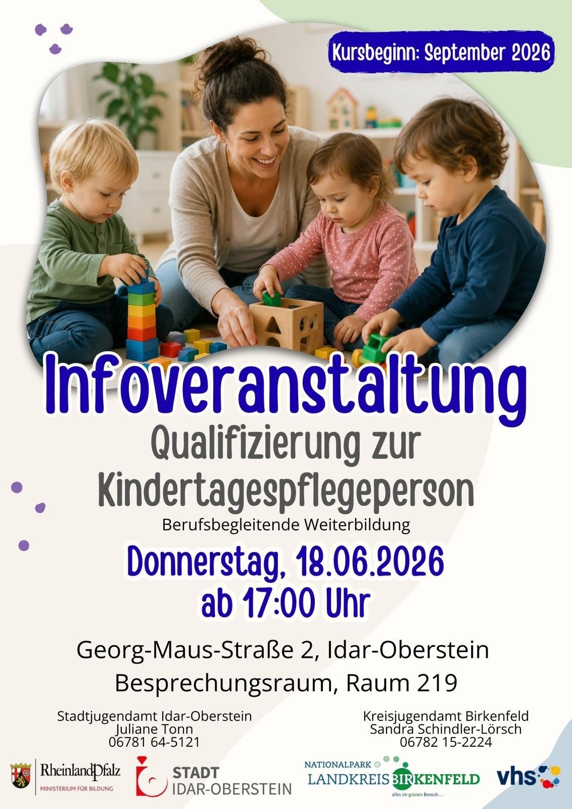Infoveranstaltung Qualifizierung zur Kindertagespflegeperson am Donnerstag 18.06.2026 in Idar-Oberstein