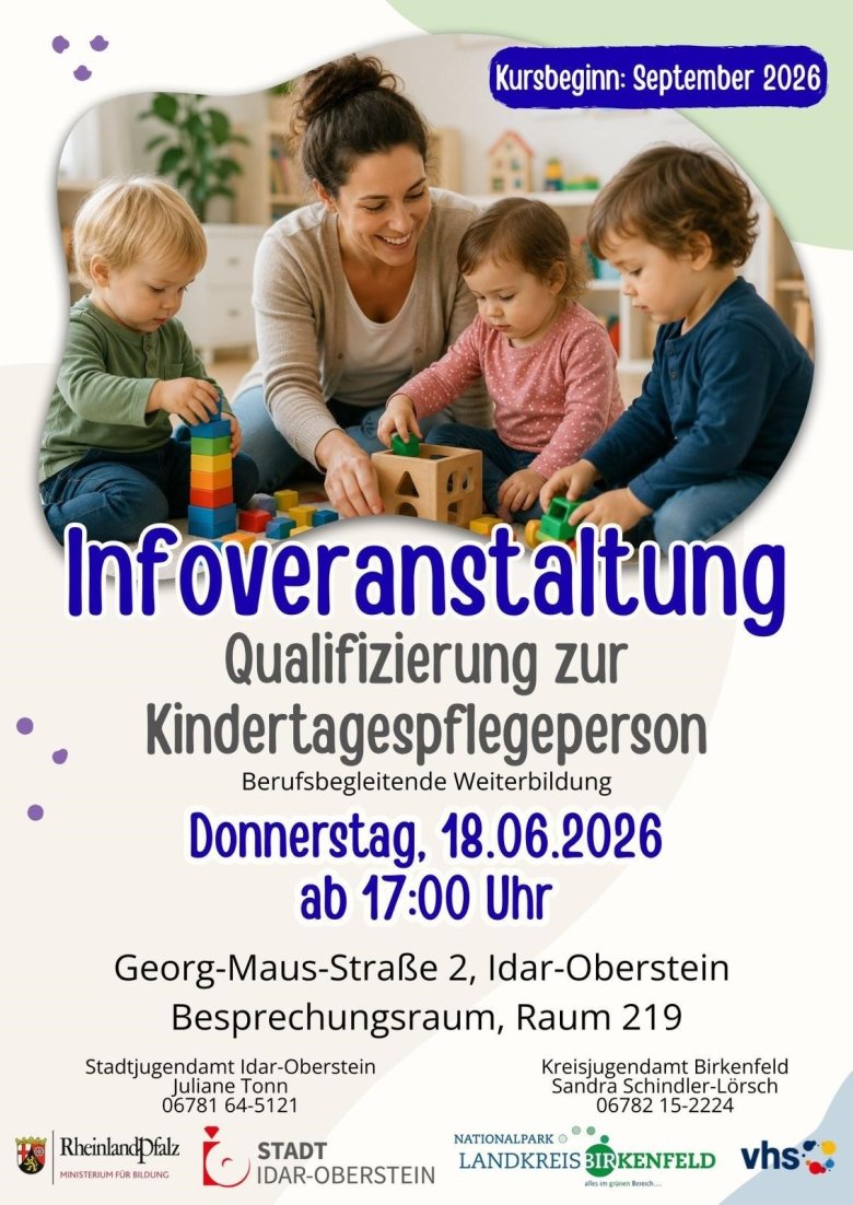 Infoveranstaltung Qualifizierung zur Kindertagespflegeperson am Donnerstag 18.06.2026 in Idar-Oberstein