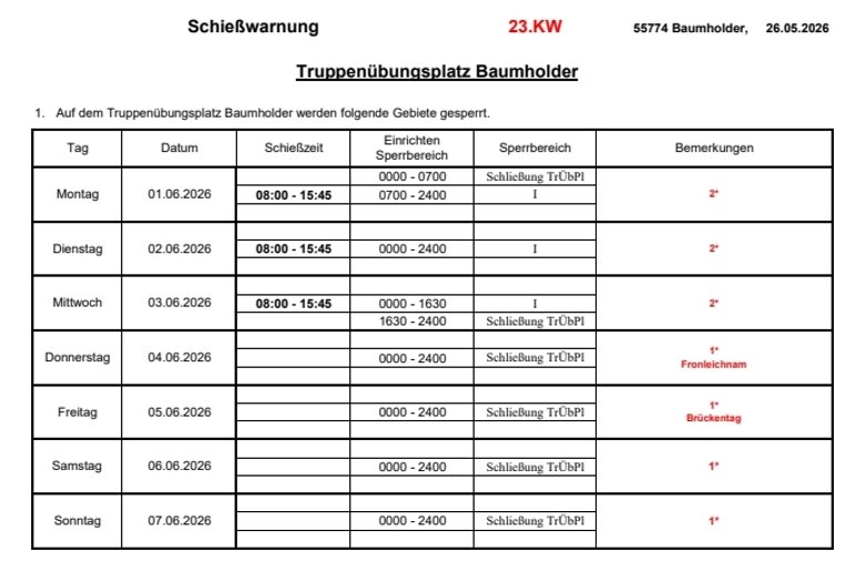 Tabelle Schießwarnung Truppenübungsplatz Baumholder 23.KW 2026 Tabelle Schießwarnung Truppenübungsplatz Baumholder 23.KW 2026