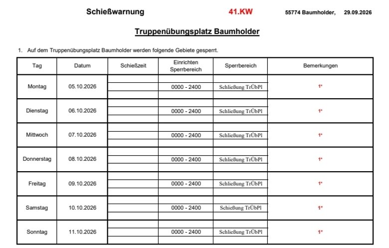Schießzeiten auf dem Truppenübungsplatz Baumholder 41.KW 2026