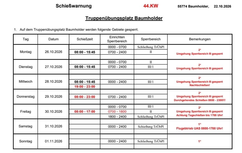 Schießzeiten auf dem Truppenübungsplatz Baumholder in der 44.KW 2026 Schießzeiten auf dem Truppenübungsplatz Baumholder in der 44.KW 2026