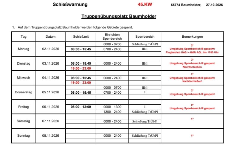 Schießzeiten auf dem Truppenübungsplatz Baumholder in der 45.KW 2026 Schießzeiten auf dem Truppenübungsplatz Baumholder in der 45.KW 2026