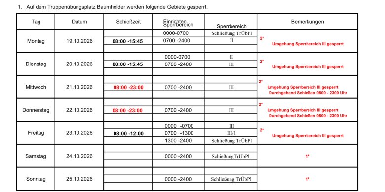 Schießzeiten in der KW 43 auf dem Truppenübungsplatz Baumholder