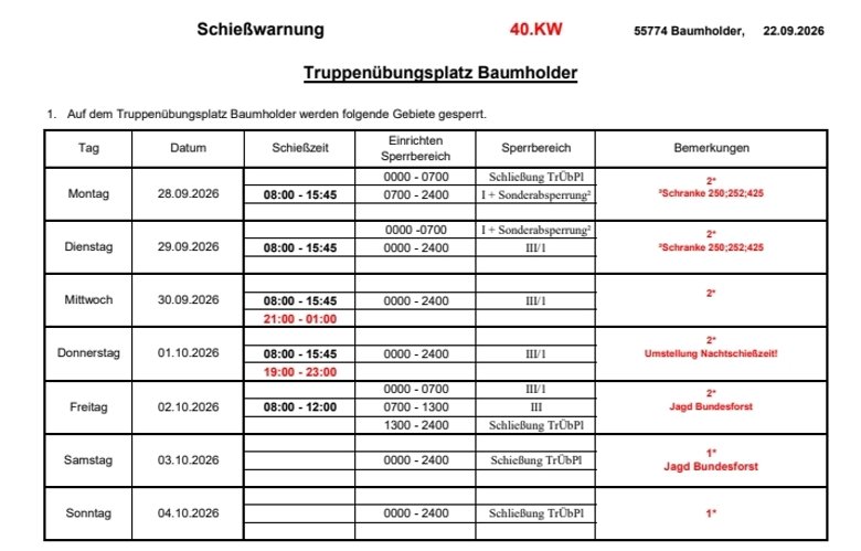 Tabelle mit den Schießzeiten auf dem Truppenübungsplatz Baumholder KW 40 2026