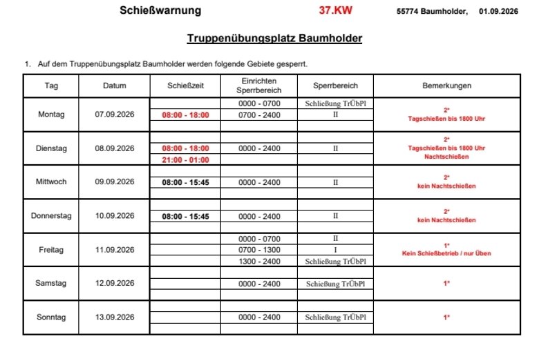 Schießzeiten auf dem Truppenübungsplatz Baumholder in der 37.KW 2026 Schießzeiten auf dem Truppenübungsplatz Baumholder in der 37.KW 2026