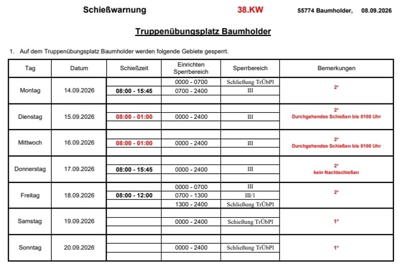 Tabelle Schießzeiten auf dem Truppenübungsplatz Baumholder in der 38.KW 2026