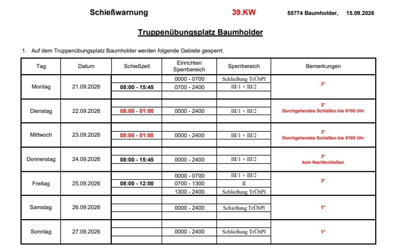 Tabelle Schießzeiten auf dem Truppenübungsplatz Baumholder 39.KW 2026