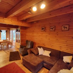 Ferienhaus Blockhaus in Eckersweiler - Wohnbereich mit Schlafcouch und Kamin Ferienhaus Blockhaus in Eckersweiler - Wohnbereich mit Schlafcouch und Kamin