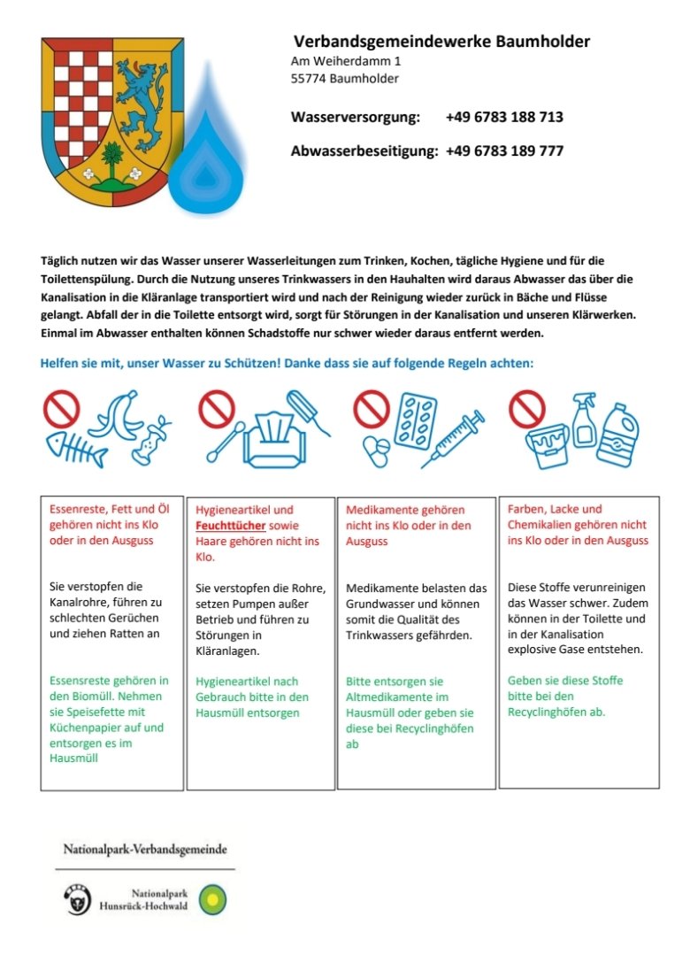 Infoblatt: richtiges Verhalten zur Sauberhaltung von Abwasserkanälen